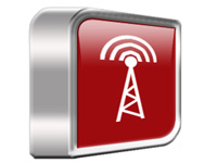 Błyszcząca, czerwona ikona z symbolem białej wieży nadawczej, otoczona chromowaną ramką z efektem 3D, na białym tle.