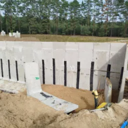 Montaż prefabrykowanego szamba betonowego z widocznymi wzmocnieniami, częściowo zagłębionego w wykopie, z ubijarką wibracyjną obok, na tle lasu.