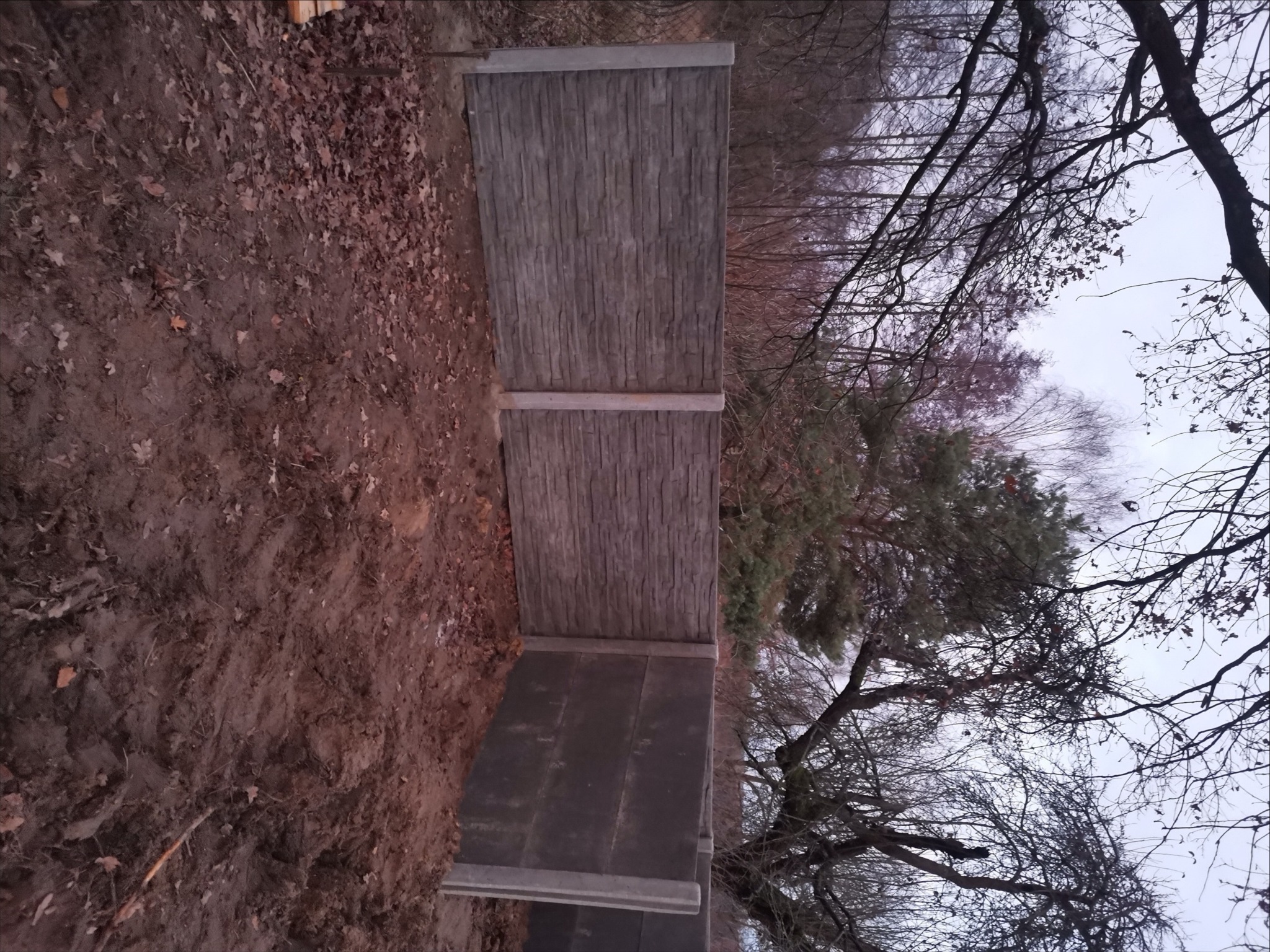 Fragment szarego ogrodzenia betonowego z fakturą drewna, widoczne słupki i panele, tło z drzewami bez liści, jesienna sceneria z opadłymi liśćmi na ziemi.