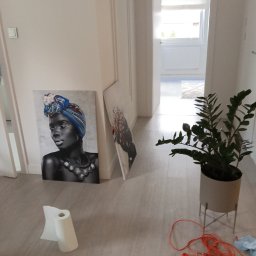 Czysto W Raz Dwa Trzy Daniel Szeksztełło - Korytarz w trakcie porządkowania: dwa obrazy oparte o ścianę, zwinięty ręcznik papierowy, doniczka z zieloną rośliną, pomarańczowy sznur i ściereczka do kurzu.