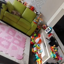 Czysto W Raz Dwa Trzy Daniel Szeksztełło - Nietypowy kadr na wnętrze pokoju dziecięcego z zieloną sofą, na której leży kot, oraz kolekcją pluszaków na oparciu. Obok sofy różowa mata piankowa i mnóstwo zabawek poukładanych na półkach...