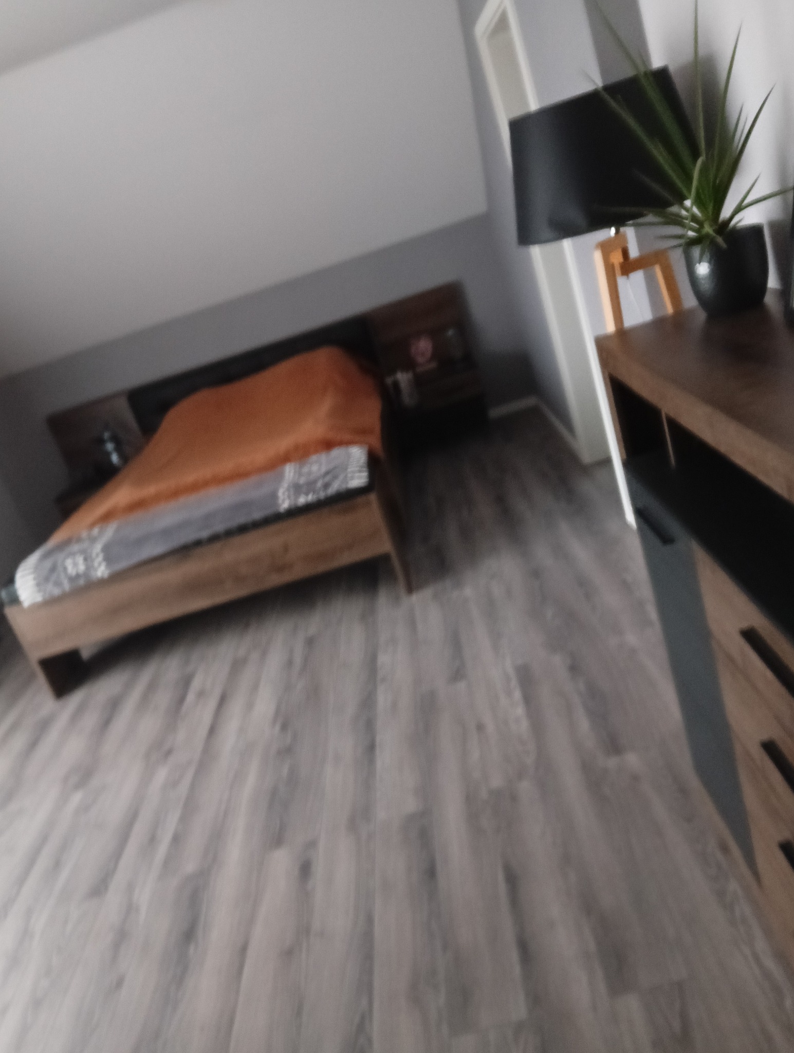 Sypialnia z łóżkiem z brązową narzutą, drewnianą podłogą i komodą z rośliną w doniczce, widziana z niskiej perspektywy.