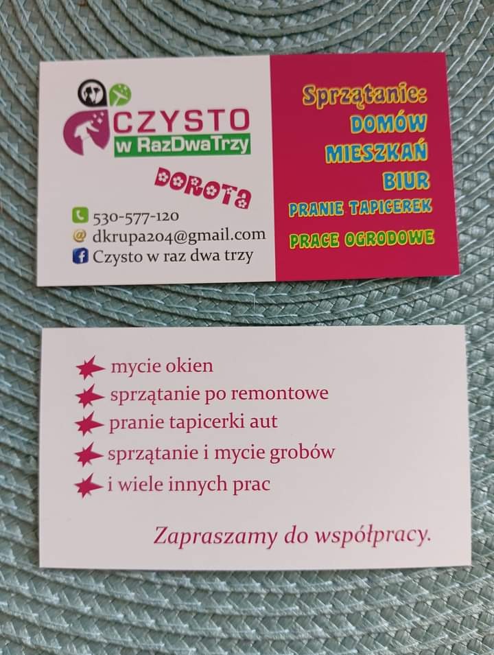 Wizytówka firmy sprzątającej z logo Czysto w RazDwaTrzy, oferującej sprzątanie domów, mieszkań, biur, pranie tapicerek, prace ogrodowe, mycie okien i sprzątanie po remontach.