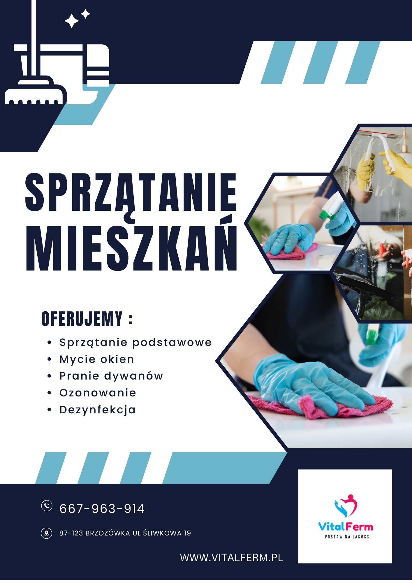 Grafika reklamowa firmy z Brzozówki oferującej sprzątanie mieszkań, mycie okien, pranie dywanów, ozonowanie i dezynfekcję, z elementami wizualnymi przedstawiającymi sprzątanie powierzchni oraz logo...