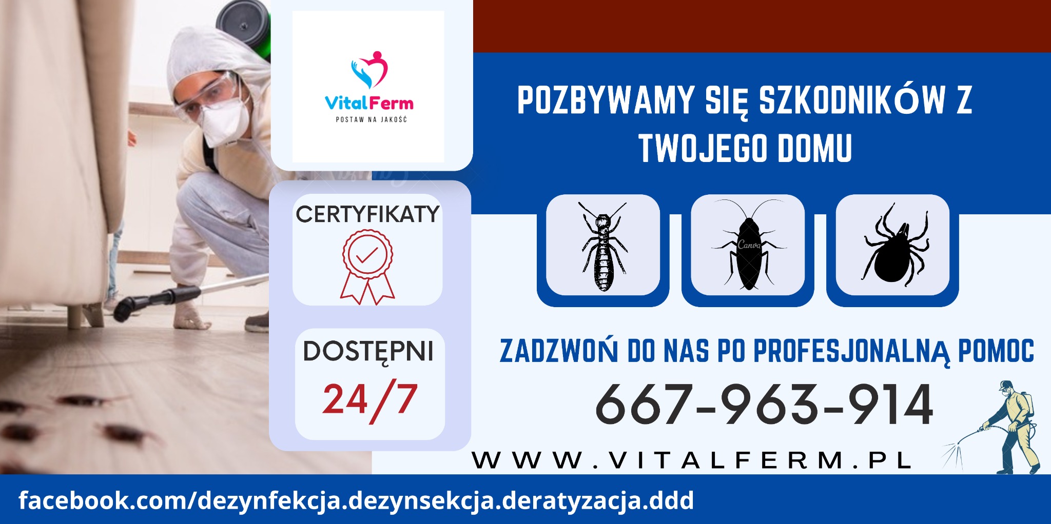 Pracownik w kombinezonie ochronnym i masce, w trakcie dezynfekcji podłogi w pomieszczeniu, widoczne martwe owady na podłodze, obok grafika z logo firmy, certyfikatami i kontaktem telefonicznym.