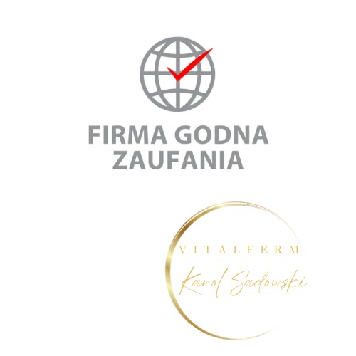 Logo firmy Vitalferm Karol Sadowski z symbolem globu z czerwoną fajką i napisem 'Firma Godna Zaufania'.