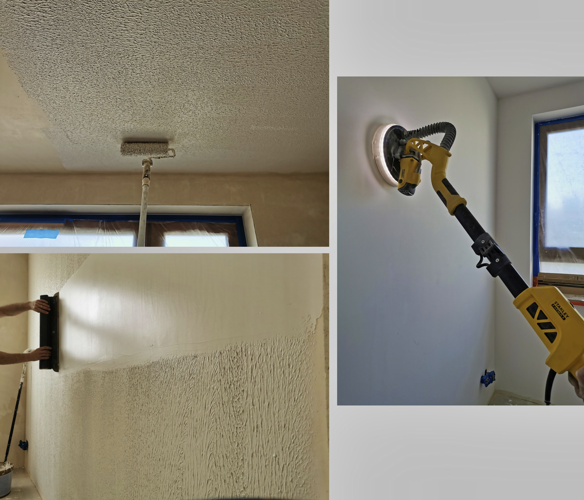 Nakładanie i szlifowanie gładzi: wałek na suficie z fakturą, szpachlowanie ściany, szlifierka teleskopowa Stanley Fatmax przy ścianie z oknem zabezpieczonym folią.