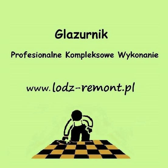 Grafika reklamowa firmy glazurniczej z napisem 'Glazurnik' i adresem strony internetowej, stylizowana postać układająca płytki na szachownicy.