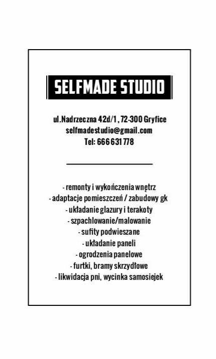 Ogłoszenie firmy Selfmade Studio z Gryfic oferującej remonty i wykończenia wnętrz, adaptacje pomieszczeń, układanie glazury, szpachlowanie, malowanie, sufity podwieszane, układanie paneli...