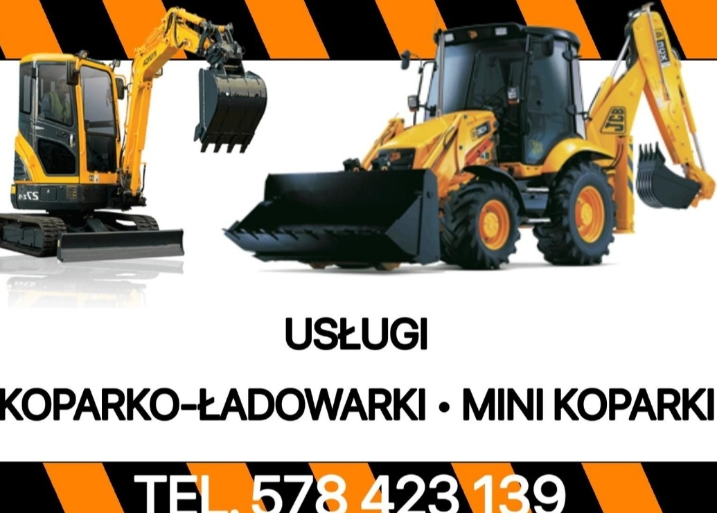 Grafika reklamowa prezentująca mini koparkę gąsienicową oraz koparko-ładowarkę JCB na białym tle z pomarańczowo-czarnymi pasami w górnej i dolnej części. Widoczne hasło 'USŁUGI KOPARKO-ŁADOWARKI •...