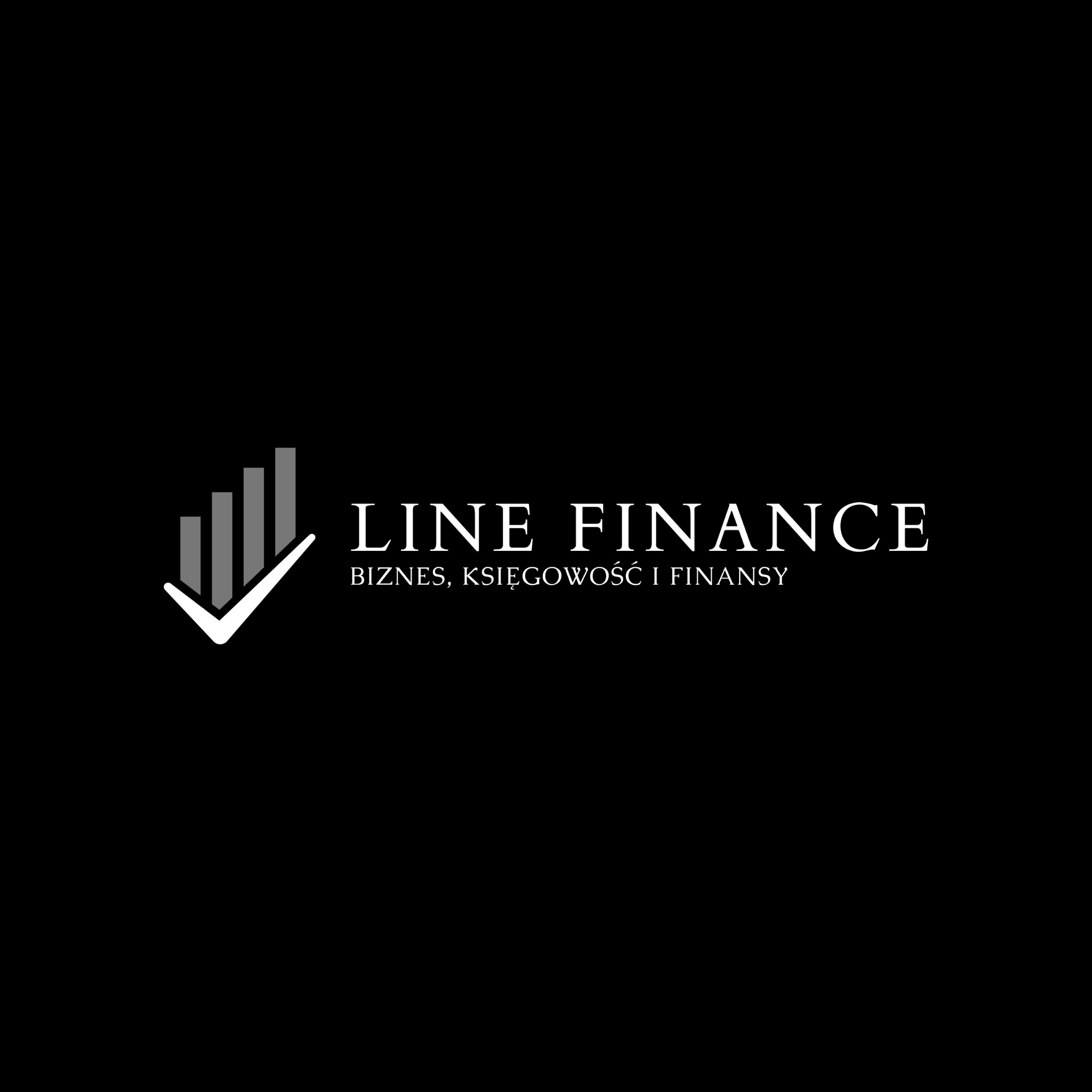 Logo firmy Line Finance z symbolem wzrostu słupkowego i znakiem akceptacji na czarnym tle.