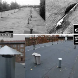 Kolaż zdjęć przedstawiający płaski dach pokryty papą termozgrzewalną, z widocznym uszkodzeniem, kominami wentylacyjnymi oraz logo firmy wykonawczej i logotyp produktu.