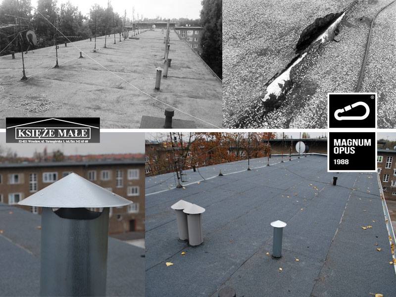 Kolaż zdjęć przedstawiający płaski dach pokryty papą termozgrzewalną, z widocznym uszkodzeniem, kominami wentylacyjnymi oraz logo firmy wykonawczej i logotyp produktu.