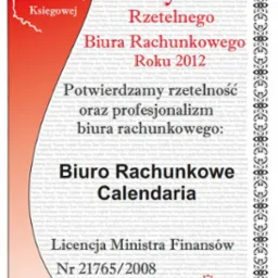 Certyfikat rzetelności biura rachunkowego Calendaria z licencją Ministra Finansów nr 21765/2008, potwierdzający rzetelność i profesjonalizm, wystawiony dla Karoliny Anny Szwancar.