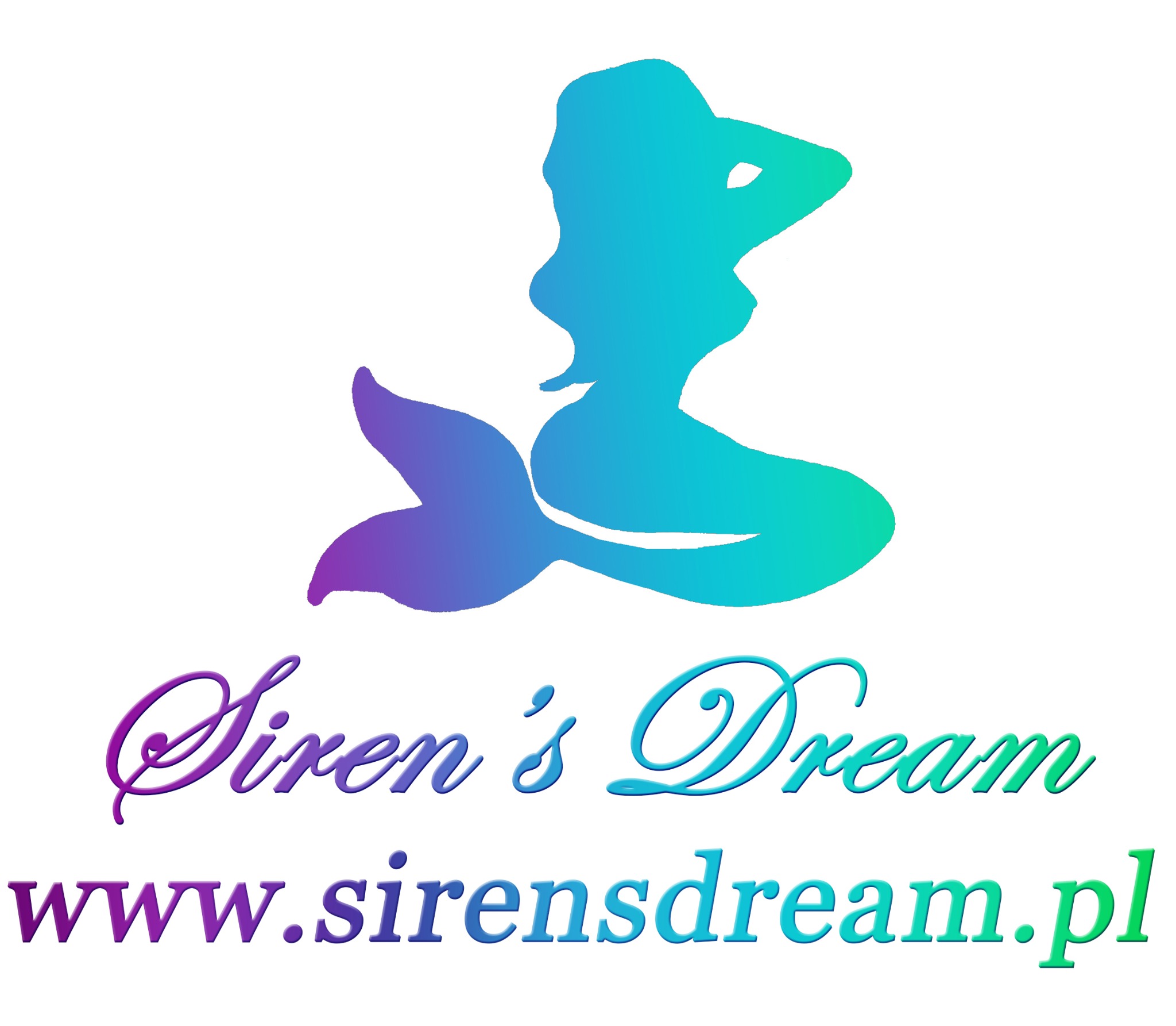 Logo firmy Siren's Dream przedstawiające sylwetkę syreny w odcieniach niebieskiego i fioletu, poniżej nazwa firmy i adres strony internetowej w podobnej kolorystyce.