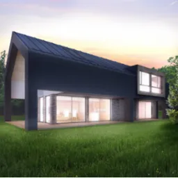 Wizualizacja nowoczesnego domu jednorodzinnego z ciemną elewacją, dużymi przeszkleniami i skośnym dachem, otoczonego zielonym trawnikiem i drzewami, z oświetlonym wnętrzem widocznym przez okna.