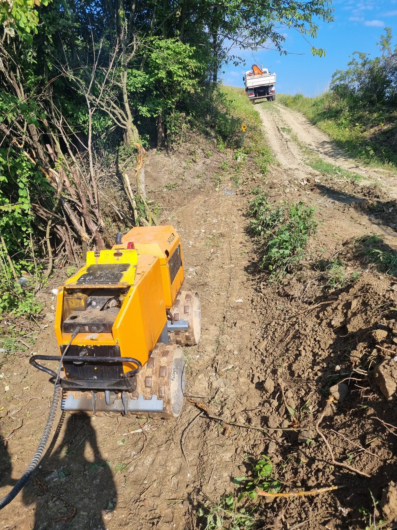 Żółty robot gąsienicowy na nierównym terenie z wyjeżdżającą ciężarówką w tle, otoczenie drzewa i krzewy, błękitne niebo. Widok z góry.