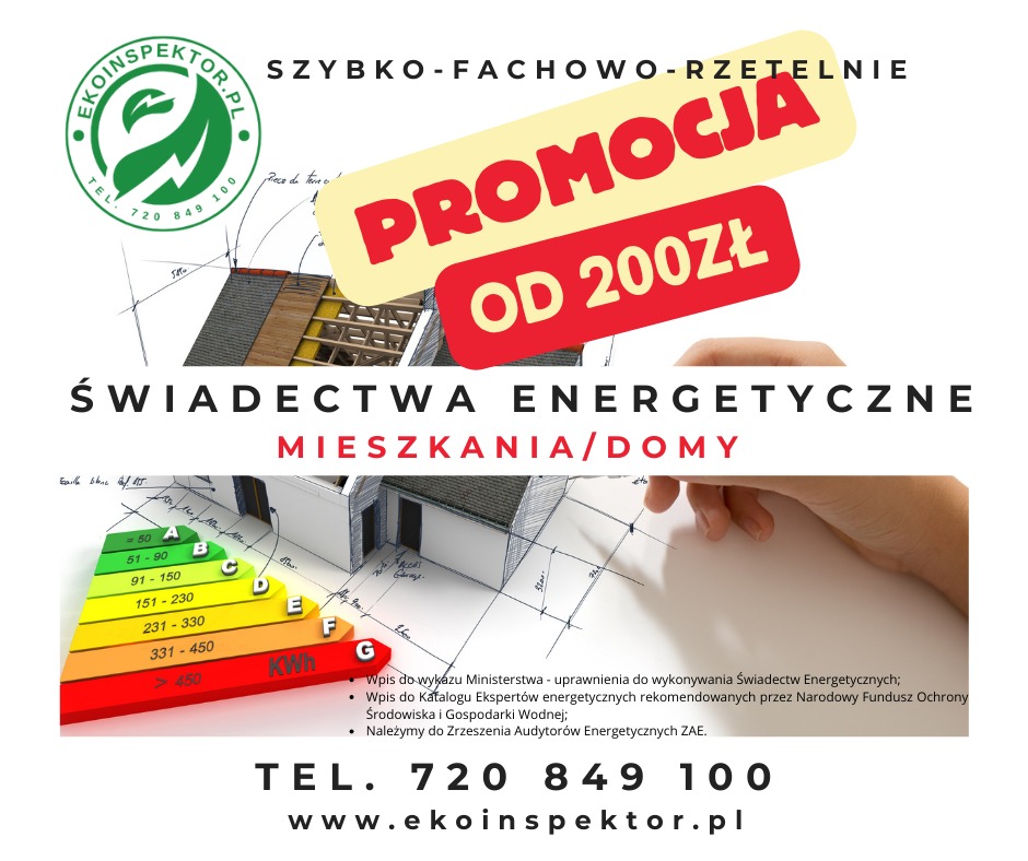 Grafika reklamowa z hasłem 'Promocja od 200zł' na świadectwa energetyczne mieszkań i domów, zawierająca logo firmy Ekoinspektor.pl, schemat dachu, wizualizację domu z naniesionymi wymiarami...