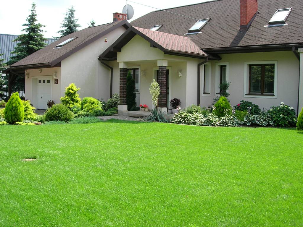 Zadbany ogród przydomowy z intensywnie zielonym trawnikiem, różnorodnymi krzewami ozdobnymi i drzewami iglastymi przed domem z beżową elewacją i brązowym dachem.