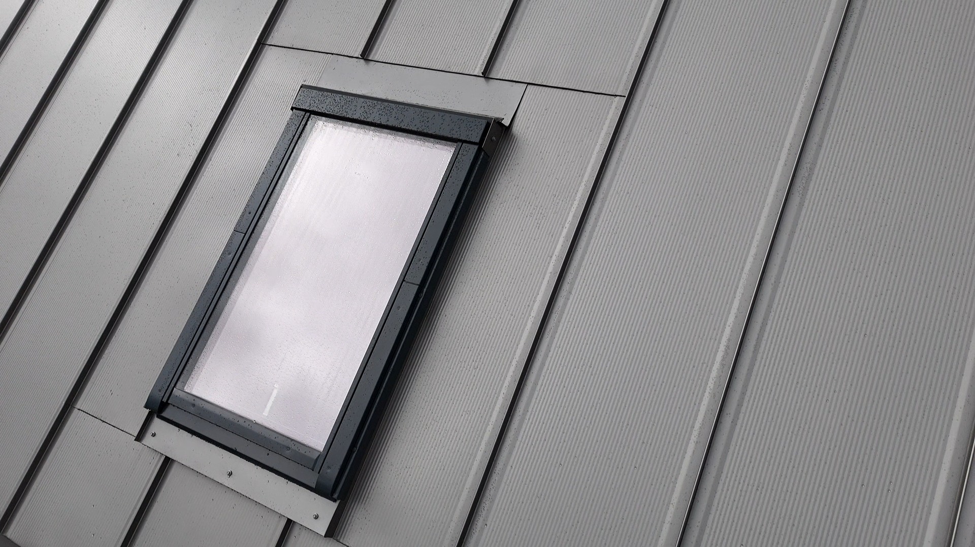 Szary dach z blachy trapezowej z oknem dachowym w czarnej ramie, widoczne krople deszczu. Ujęcie pod kątem, z prawej strony kadru więcej blachy.