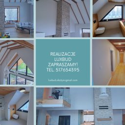 LUXBUD ŁUKASZ IGNACIUK - Kolaż zdjęć z realizacji wykończenia wnętrz domu jednorodzinnego: salon z kominkiem obłożonym kamieniem dekoracyjnym, łazienka z oknem trójkątnym i drewnianą szafką pod umywalką, korytarz...