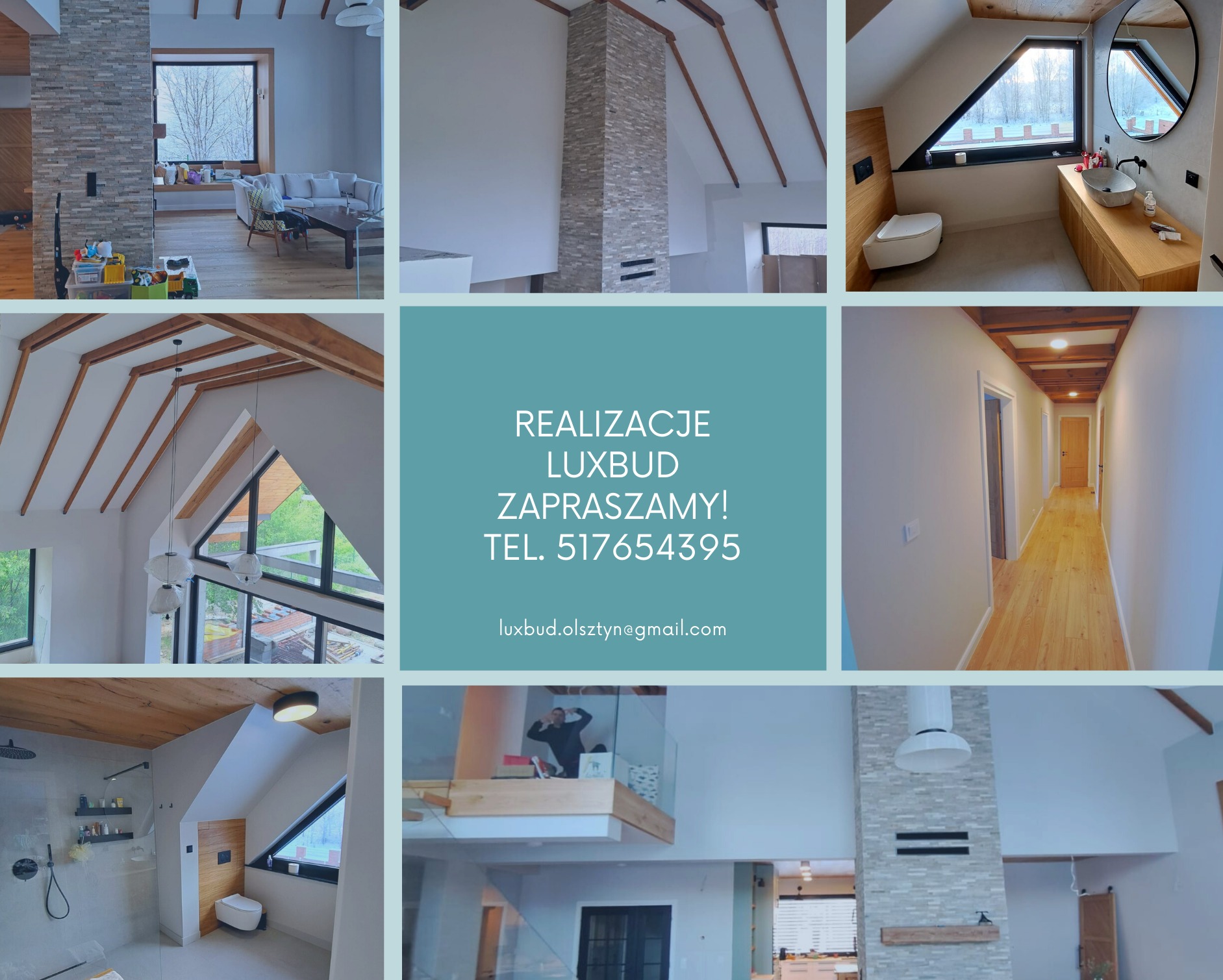 Kolaż zdjęć z realizacji wykończenia wnętrz domu jednorodzinnego: salon z kominkiem obłożonym kamieniem dekoracyjnym, łazienka z oknem trójkątnym i drewnianą szafką pod umywalką, korytarz...