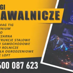 Grafika reklamowa usług spawalniczych: spawanie metodami MIG/MAG TIG, aluminium, żeliwa, stali czarnej, konstrukcji stalowych, części samochodowych i rolniczych, przęseł ogrodzeniowych i mebli loft...