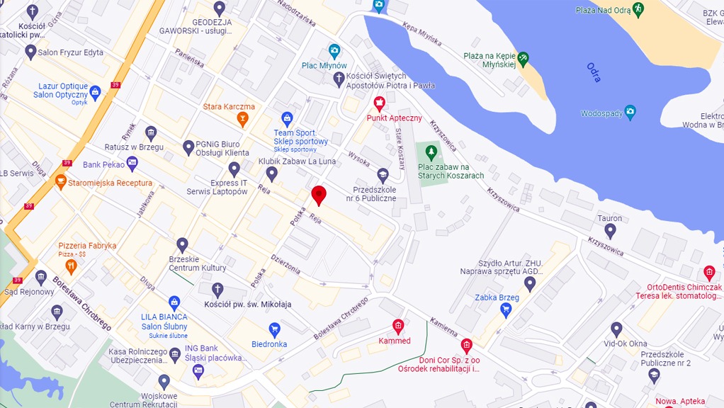 Mapa Brzegu z zaznaczoną lokalizacją na ulicy Reja, widoczne punkty orientacyjne: Ratusz, Kościół św. Mikołaja, Odra i okoliczne budynki.