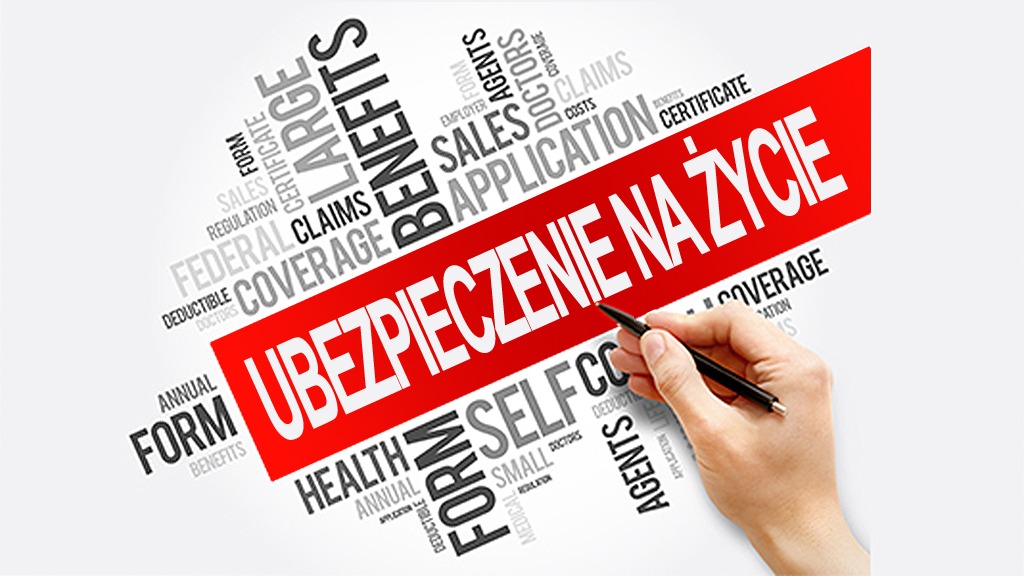 Grafika z chmurą słów związanych z ubezpieczeniami, z dominującym czerwonym napisem 'Ubezpieczenie na życie' i dłonią trzymającą długopis.