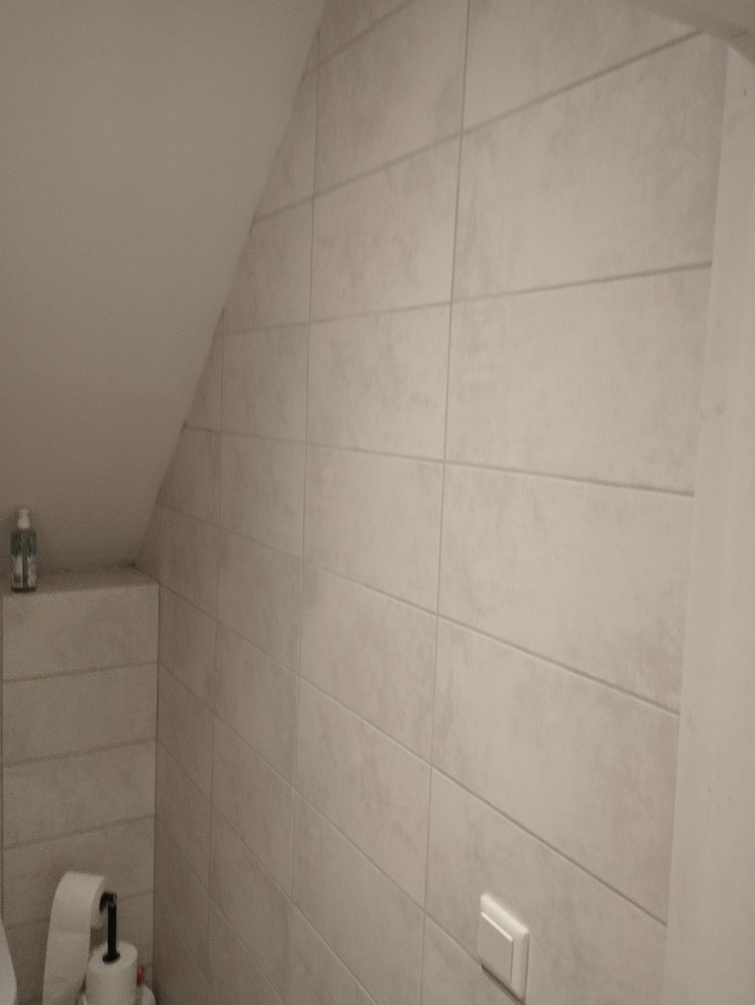 Wykończona łazienka w skosie z poziomymi, beżowymi płytkami, widoczny dozownik mydła, papier toaletowy i włącznik światła.