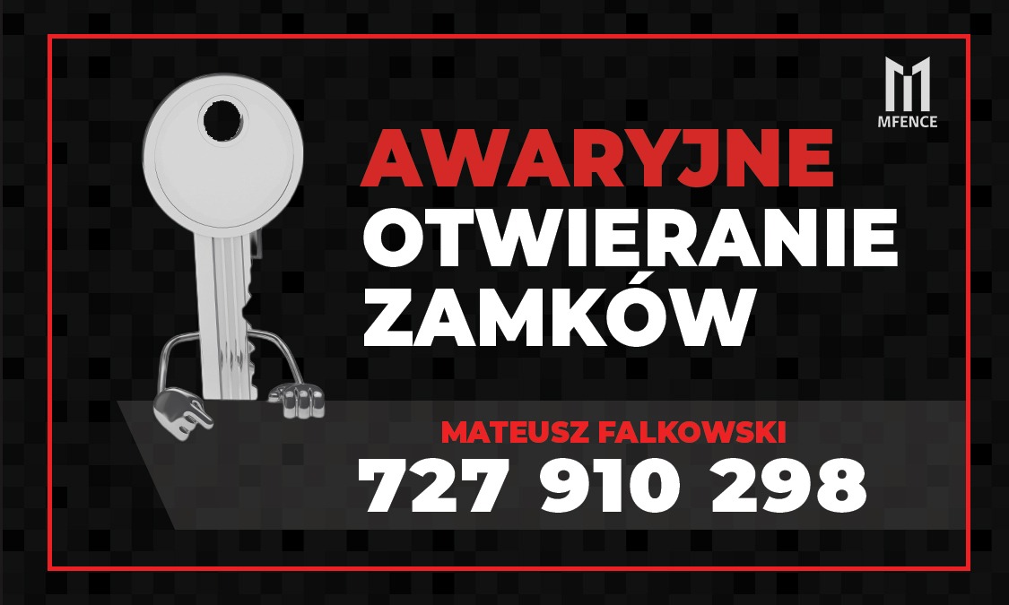 Grafika reklamowa ślusarza Mateusza Falkowskiego z numerem telefonu 727 910 298, oferującego awaryjne otwieranie zamków, z kluczem jako postacią.