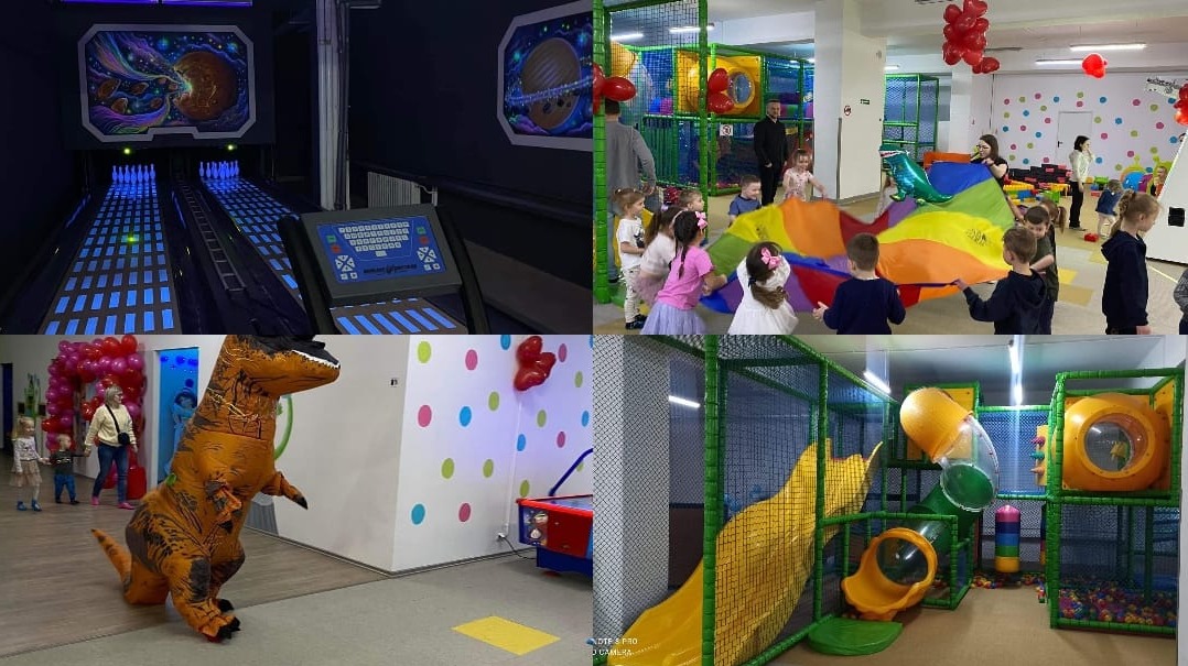 Kolaż czterech zdjęć z sali zabaw: tor do kręgli z podświetleniem UV, dzieci bawiące się kolorową chustą animacyjną, osoba w kostiumie dinozaura oraz konstrukcja do zabawy z tunelem i zjeżdżalnią.