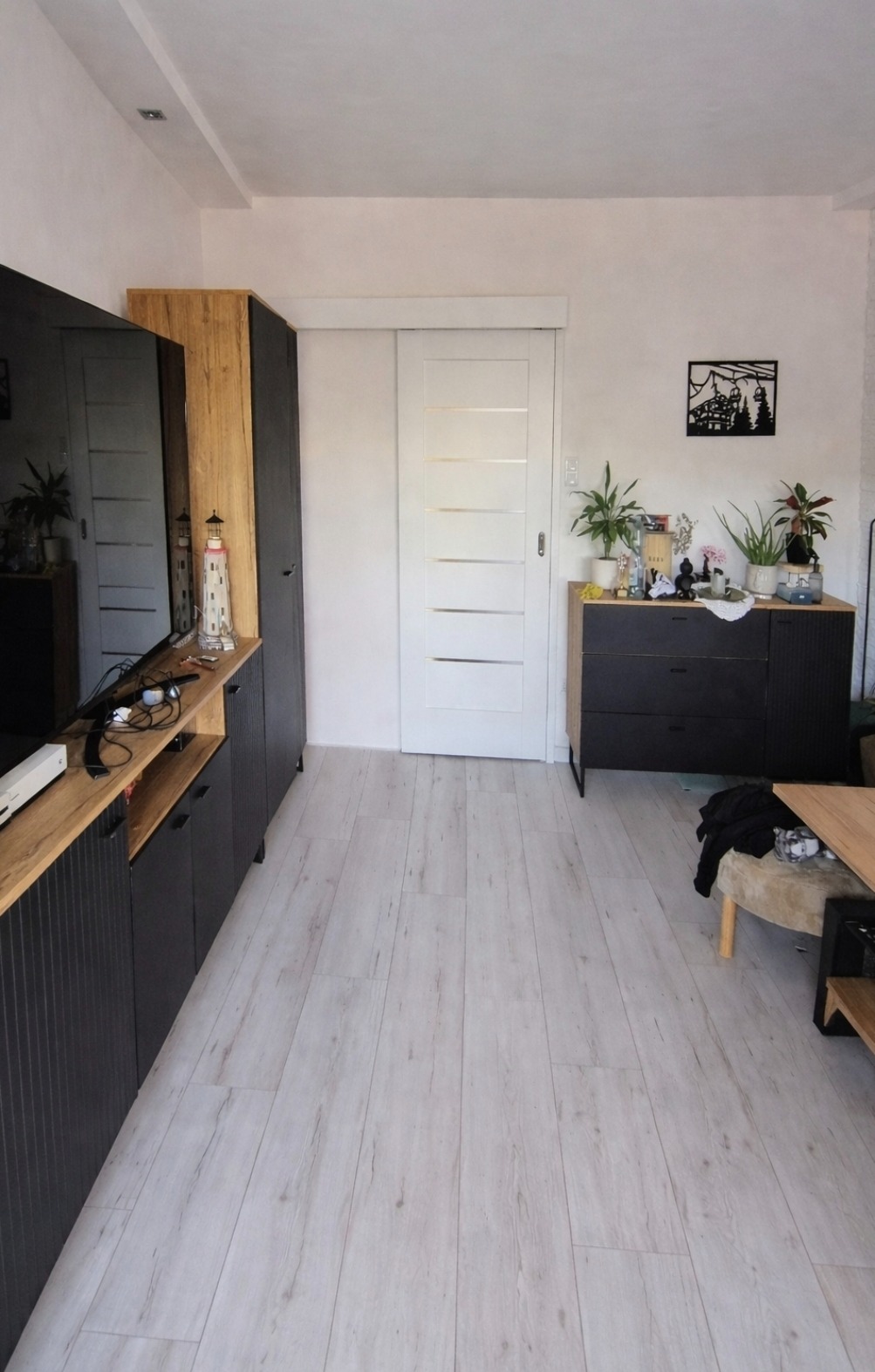 Jasne panele podłogowe w salonie z czarnymi meblami i przesuwnymi drzwiami. Minimalistyczny wystrój z roślinami i dekoracją ścienną.