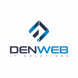 Logo firmy DENWEB IT SOLUTIONS z geometrycznym symbolem w odcieniach niebieskiego, umieszczonym nad nazwą firmy.