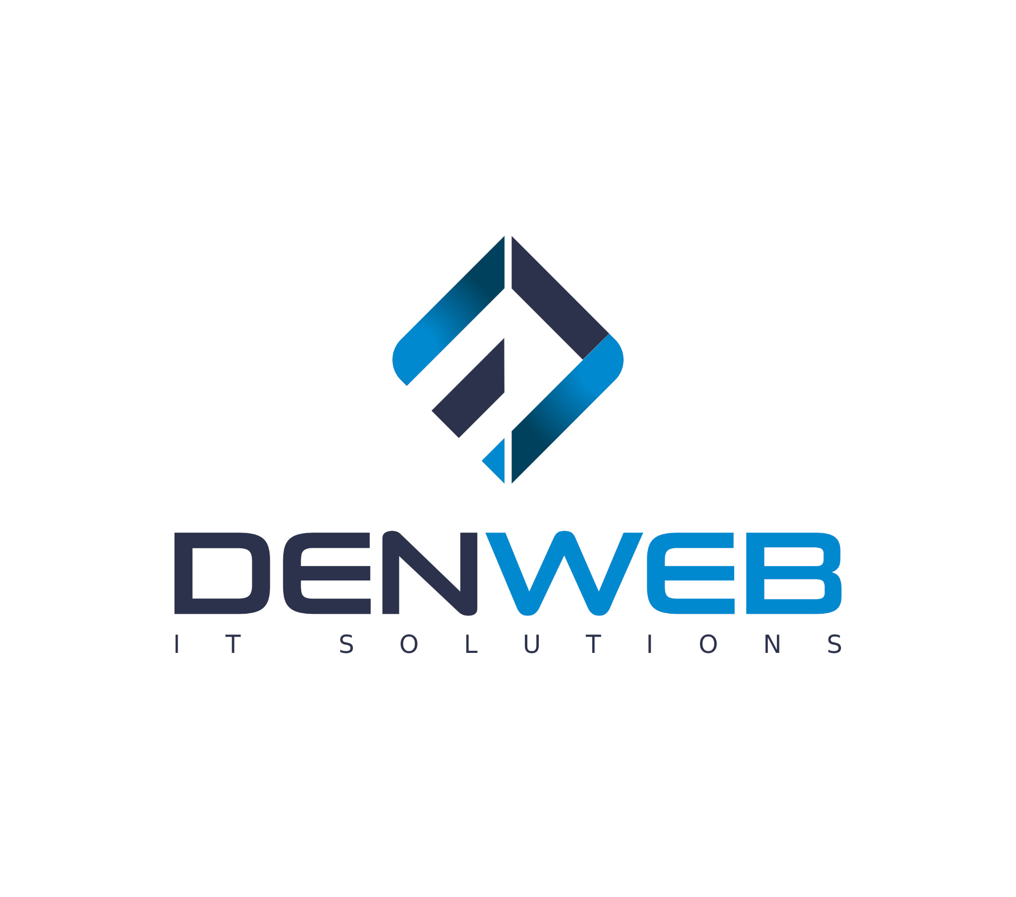 Logo firmy DENWEB IT SOLUTIONS z geometrycznym symbolem w odcieniach niebieskiego, umieszczonym nad nazwą firmy.