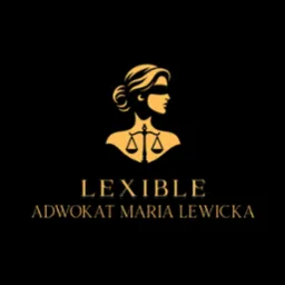 Złote logo kancelarii prawnej na czarnym tle, przedstawiające Temidę z wagą i napis 'LEXIBLE ADWOKAT MARIA LEWICKA'.