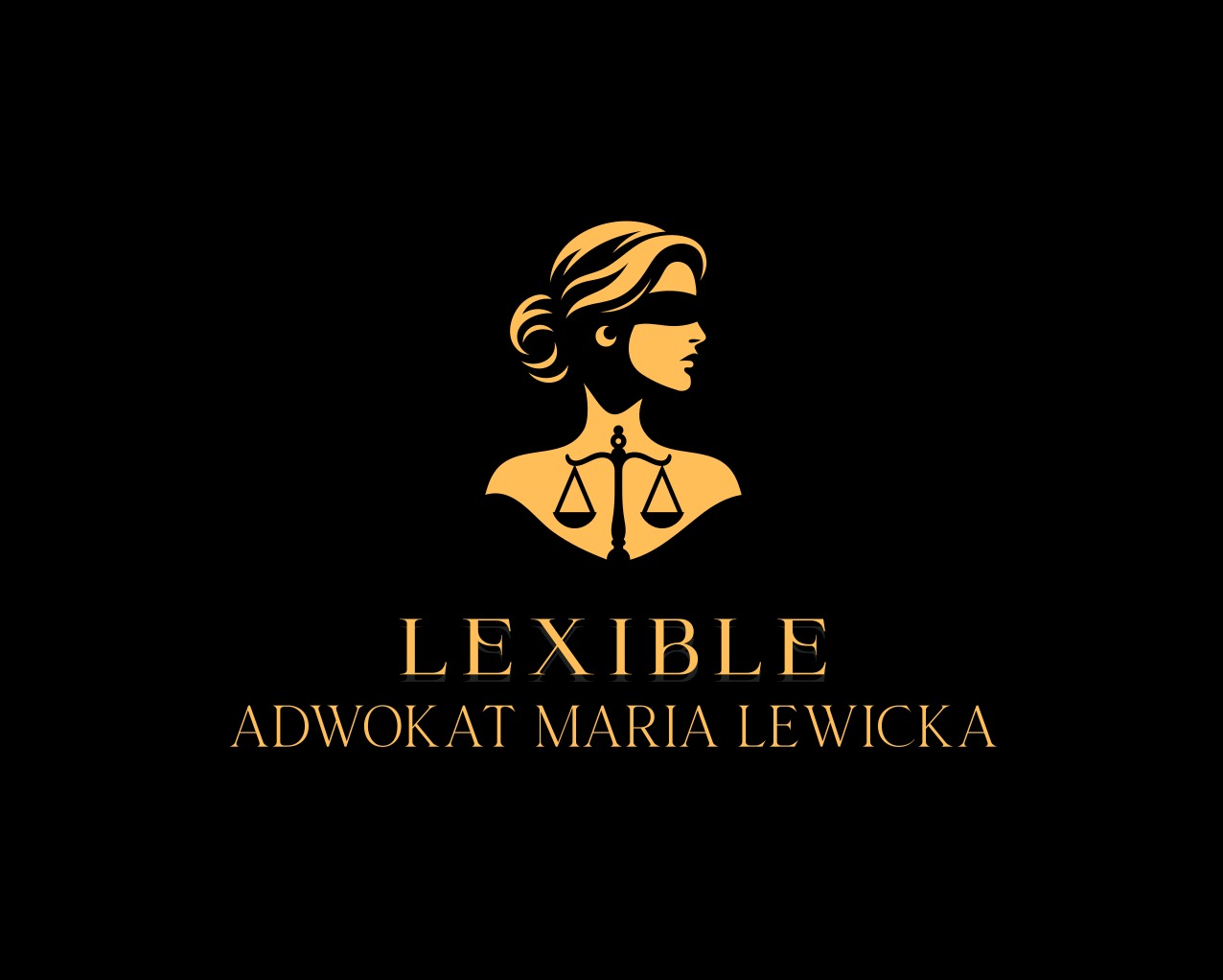 Złote logo kancelarii prawnej na czarnym tle, przedstawiające Temidę z wagą i napis 'LEXIBLE ADWOKAT MARIA LEWICKA'.