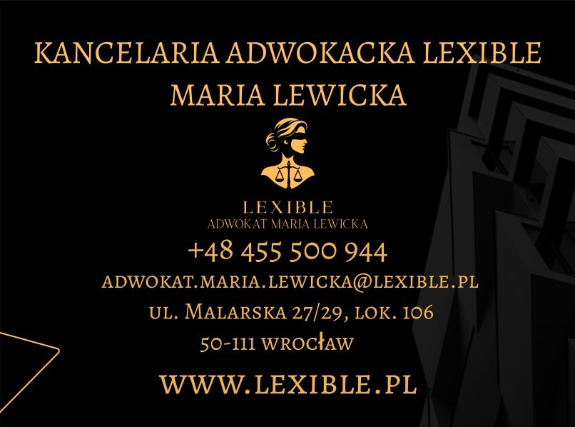 Wizytówka Kancelarii Adwokackiej Lexible Maria Lewicka na czarnym tle z złotymi napisami, logo z Temidą i danymi kontaktowymi: numer telefonu, adres e-mail, adres siedziby we Wrocławiu i adres...