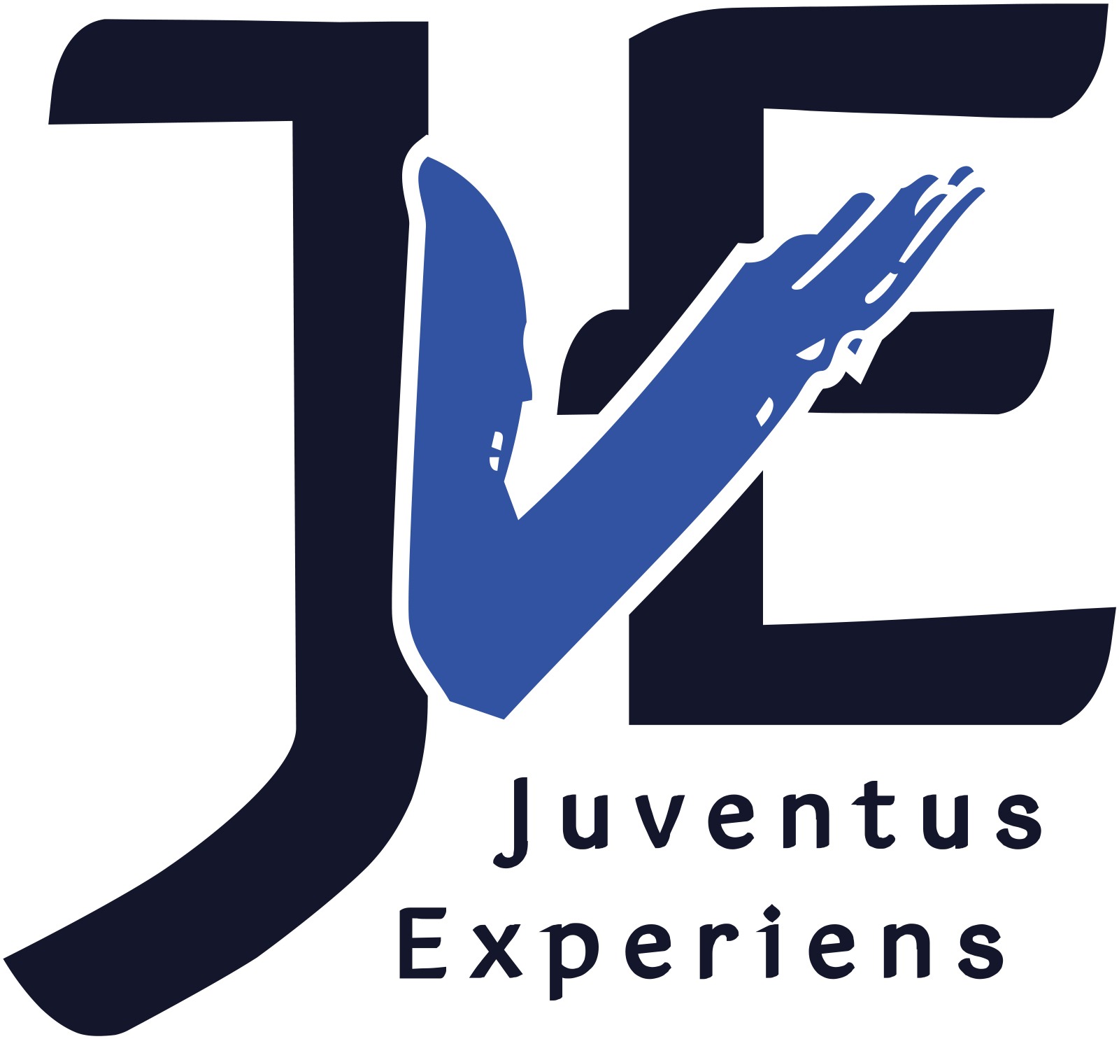 Logo firmy JVE sp. z o.o. z stylizowanymi literami J i E w kolorze granatowym, połączonymi niebieską, otwartą dłonią; pod spodem nazwa firmy: Juventus Experiens.