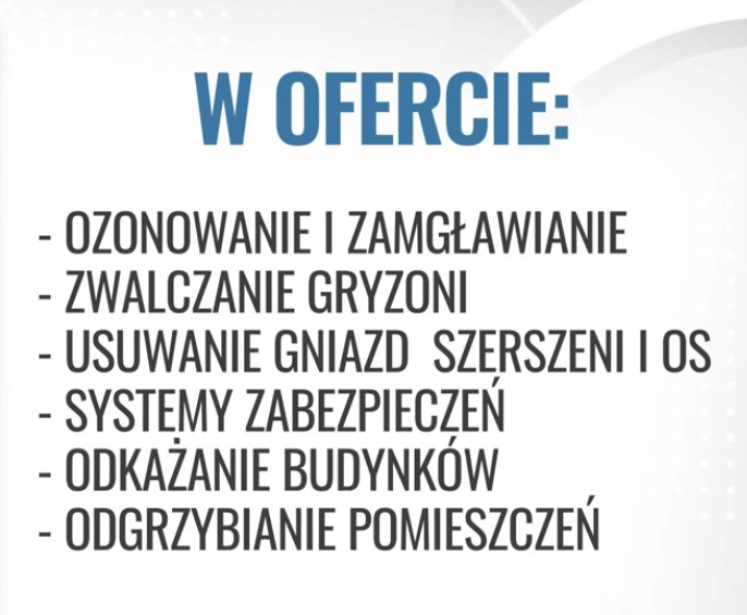 Lista usług w ofercie: ozonowanie i zamgławianie, zwalczanie gryzoni, usuwanie gniazd szerszeni i os, systemy zabezpieczeń, odkażanie budynków, odgrzybianie pomieszczeń, napisane niebieską czcionką...