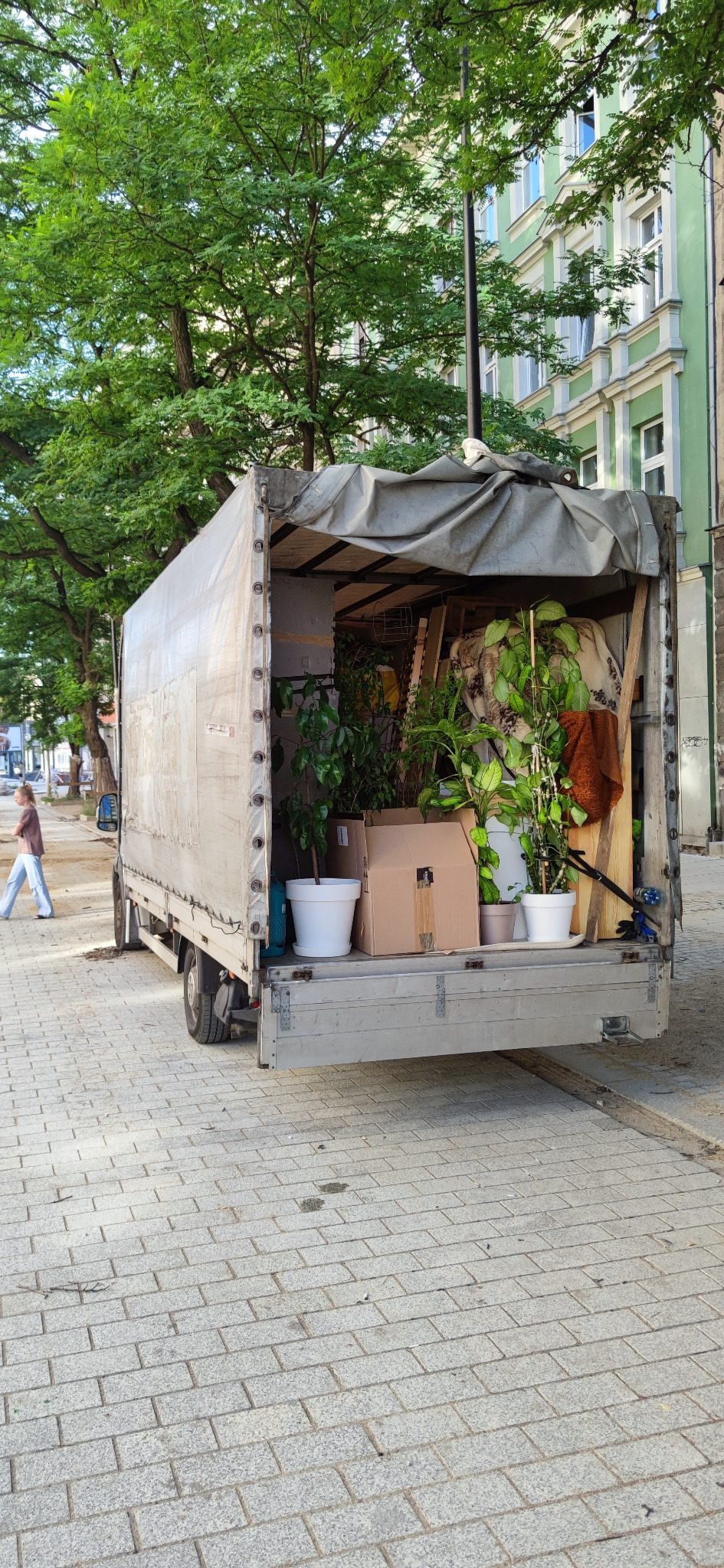 Otwarty tył busa wypełnionego roślinami doniczkowymi, kartonami i meblami podczas postoju na chodniku z kostki brukowej, z zielonymi drzewami i budynkiem w tle.