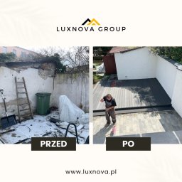 LuxNova Group - Porównanie stanu podwórka przed i po remoncie: zrujnowany mur, śmieci i nieporządek kontra nowy taras z desek kompozytowych i kostki brukowej, świeżo pomalowane ściany.
