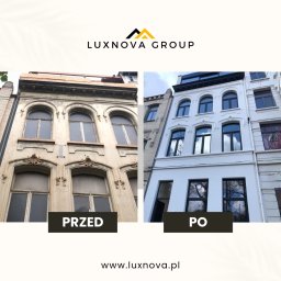 LuxNova Group - Porównanie elewacji kamienicy przed i po renowacji. Po lewej budynek zniszczony, po prawej odnowiony, pomalowany na biało z czarnymi ramami okiennymi.