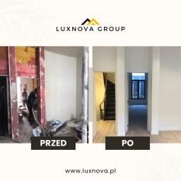 LuxNova Group - Porównanie stanu pomieszczenia przed i po nałożeniu gładzi gipsowej: surowe ściany z widoczną konstrukcją versus gładkie, pomalowane ściany w jasnym wnętrzu z drewnianymi schodami.