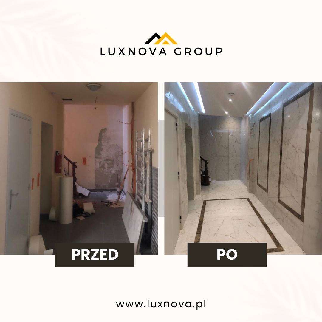 Korytarz przed i po remoncie: od surowych ścian z widocznymi instalacjami i starymi schodami do eleganckiego wnętrza z marmurowymi płytami, oświetleniem LED i nowymi schodami.