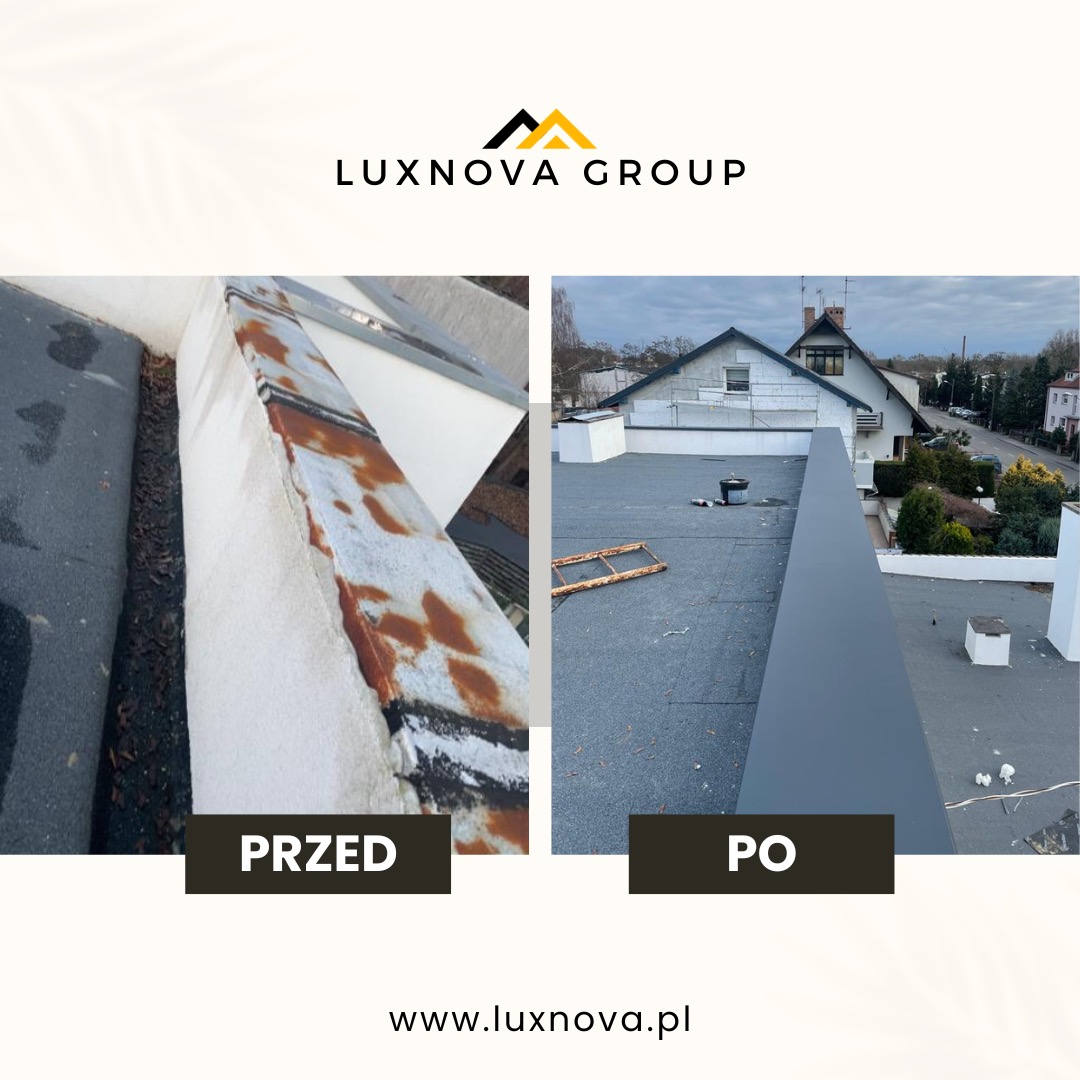Porównanie stanu obróbki blacharskiej dachu przed renowacją (rdzawe zacieki) i po renowacji (gładka, szara powierzchnia).