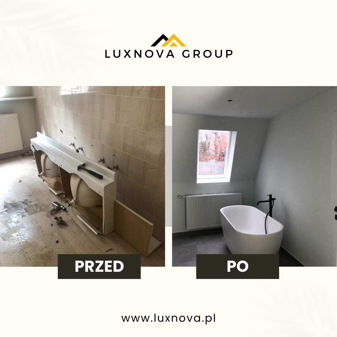 Porównanie stanu łazienki przed i po remoncie: zdemontowana umywalka z bateriami na tle starej, wykafelkowanej ściany, a obok nowa, wolnostojąca wanna z czarną armaturą w odnowionym pomieszczeniu...