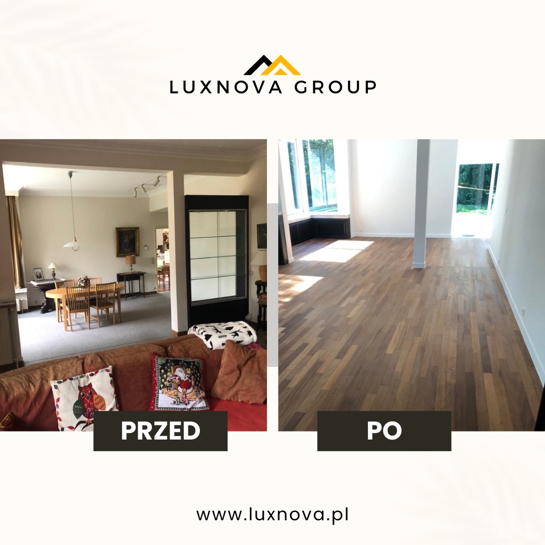 Porównanie salonu przed i po renowacji podłogi z ciemnego drewna, widoczne zmiany w wystroju wnętrza i oświetleniu, logo firmy Luxnova Group w górnej części.