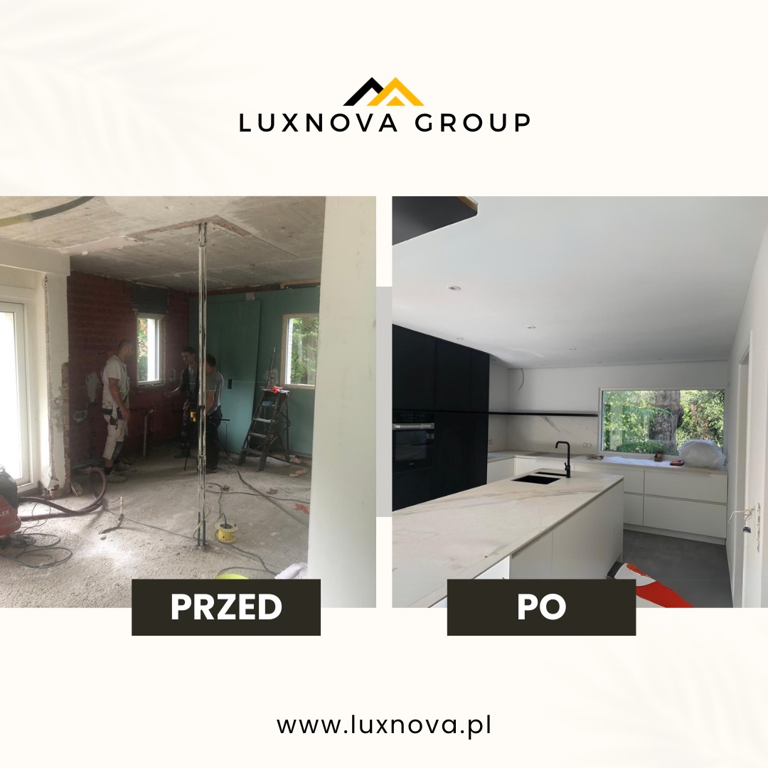 Porównanie stanu kuchni przed i po remoncie: po lewej surowa przestrzeń z odsłoniętą cegłą, po prawej nowoczesna, minimalistyczna kuchnia z czarnymi szafkami i wyspą.