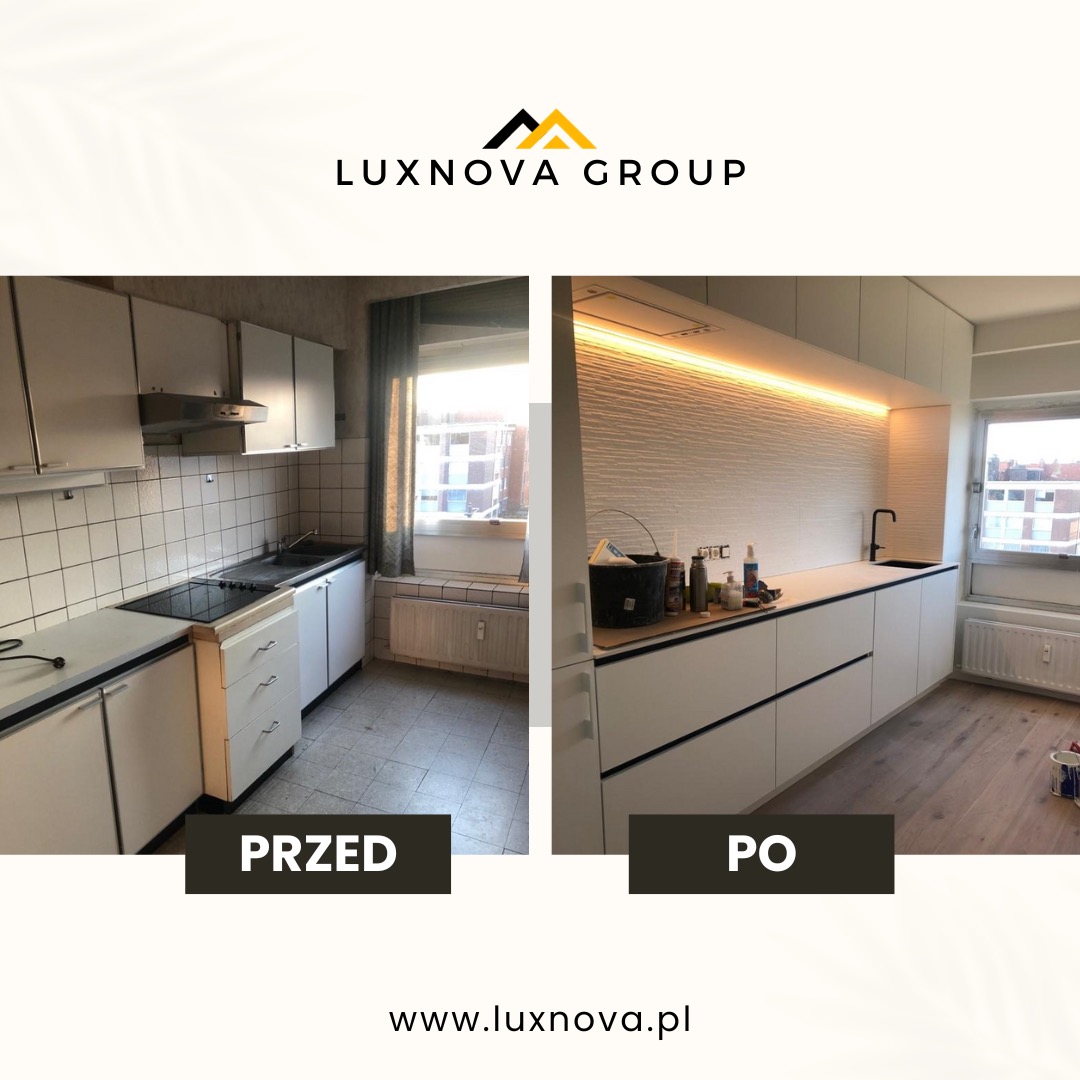 Porównanie kuchni przed i po remoncie: stara kuchnia z białymi kafelkami i nowa, minimalistyczna kuchnia z białymi szafkami i oświetleniem LED pod szafkami wiszącymi.